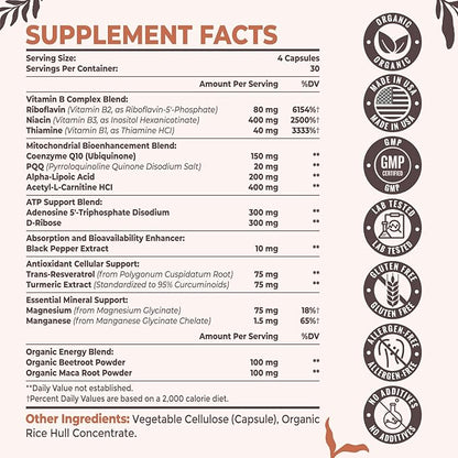 2326 MG Mitochondrial Supplements with ATP, Vitamins, CoQ10 & PQQ, More Effective Than Creatine HMB & Nitric Oxide, Energy, Endurance, Strength, Recovery & Muscle, Organic, 240 Capsules