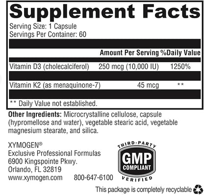 XYMOGEN K2-D3 10000 - Vitamin D3 K2 - Bioavailable Vitamin D 10,000 IU (Cholecalciferol) with Vitamin MK-7 - Heart, Arterial, Bone Health + Immune Support Supplement (60 Capsules)
