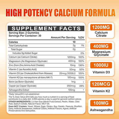 Calcium 1200 mg with Vitamin D3 Gummies for Adults - Calcium Citrate with Vitamin D3 K2, Magnesium, Zinc, Boron, Copper and Ashwagandha - Extra Absorption Calcium Supplement for Women Men