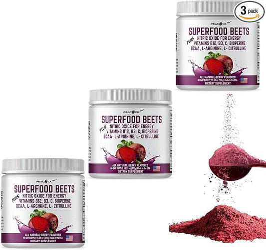 Beet Root Powder, 10.59 oz Pack of 3 - Berry Flavor Nitric Oxide Booster Superfood with Green Tea Extract, BCAA, L-Arginine, L-Citrulline for Heart Health & Circulation Support, Non-GMO