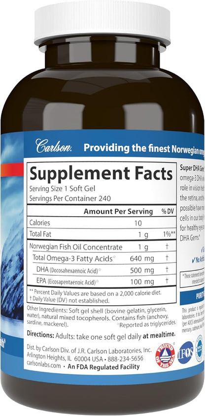 Carlson Super DHA Gems - 500 mg DHA Supplements, 640 mg Fatty Acids, Norwegian Fish Oil Concentrate, Wild-Caught, Sustainably Sourced Fish Oil Capsules, 240 Softgels