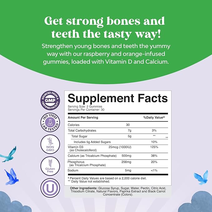 Natures Craft Tasty Kids Calcium Gummies - Vitamin D & Calcium Gummies for Children - Vitamin with & D for Muscle Bone Development Gelatin-Free Kosher Childrens 60ct (1 Pack)