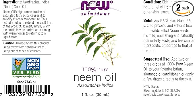 NOW Solutions, Neem Oil, 100% Pure, Made From Azadirachta Indica (Neem) Seed Oil, Natural Relief from Irritation and Other Skin Issues, 1-Ounce, 2 Pack