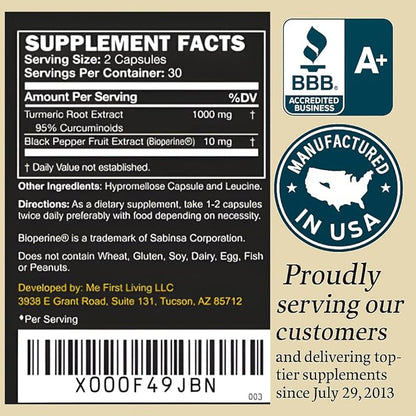 Me First Living Turmeric Curcumin 1000 mg 95% Curcuminoids, Bioperine 10 mg, 19x More Potent Than Others, Increased Absorption, Non-GMO, Organic Turmeric, Vegan, Gluten Free, 60 Capsules