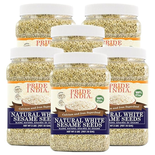 Pride Of India - PACK of 6 - White Sesame Seeds Unhulled - Calcium & Iron Superfood, 2 lbs Jar