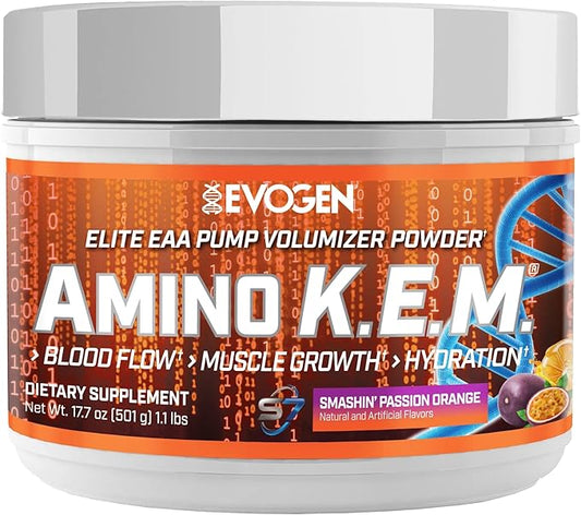 Evogen Amino KEM - Elite EAA Pump Volumizer | Supports Blood Flow, Muscle Growth, Hydration | Full Spectrum EAAs & BCAAs, S7 Nitric Oxide Blend | Smashin' Passion Orange | 30 Servings