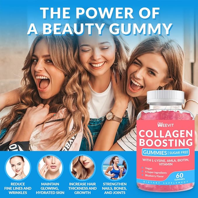 Collagen Boosting Gummies, Vegan Collagen Gummies for Women with L-Lysine, Amla, Biotin, Vitamin C, A, E, Collagen Booster Gummies Supplement for Hair Skin Nails & Joint