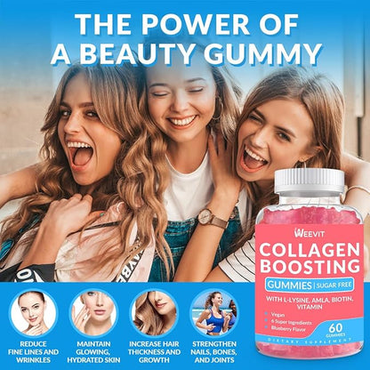 Collagen Boosting Gummies, Vegan Collagen Gummies for Women with L-Lysine, Amla, Biotin, Vitamin C, A, E, Collagen Booster Gummies Supplement for Hair Skin Nails & Joint