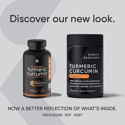 Sports Research Turmeric Curcumin C3 Complex - Softgels with Bioperine Black Pepper Extract & Organic Coconut Oil, Standardized 95% Curcuminoids - Non-GMO Verified & Gluten Free - 500mg, 120 Count