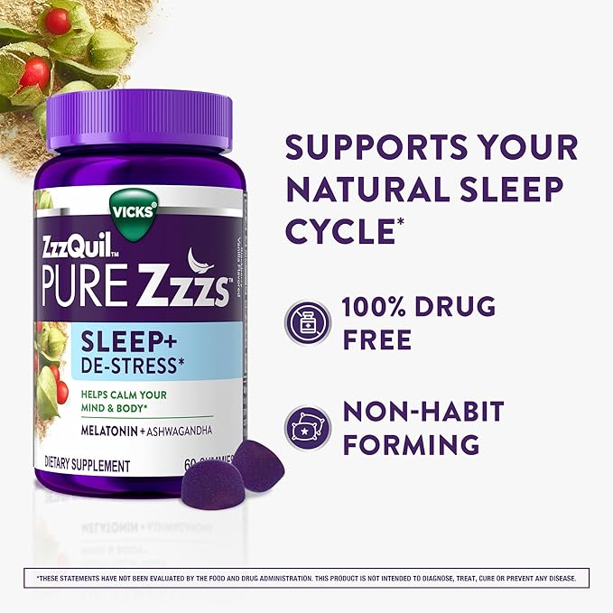 ZzzQuil PURE Zzzs De-Stress Gummy, Melatonin Gummies, Sleep Aid, Melatonin 2mg, Ashwagandha for Stress Support, Melatonin Sleep Gummies, Sleep Aids for Adults, 60 Sleep Gummies