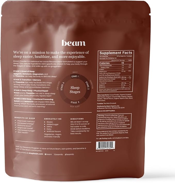 Beam Dream Sleep Powder, Natural Sleep Aid and Magnesium Hot Cocoa Drink for Adults, Calming Sleep Supplement with Apigenin, Nighttime Sleep Drink Powder, Third Party Tested Supplement, 30 Servings