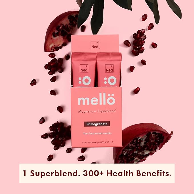Mellö Magnesium Supplement Superblend Powder - Magnesium Glycinate with L-Theanine, GABA, and Trace Minerals - Supports Sleep, Relaxation, and Balanced Energy - Pomegranate Flavor, 10-Pack, Singles