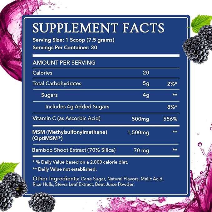Twig & Leaf MSM + Vitamin C Powder - MSM Powder for Hair Growth & Nail Strength - MSM Supplement for Joint Flexibility - Wildberry MSM Sulfur Powder 30 Servings Non-GMO & Gluten Free - 7.9 Oz