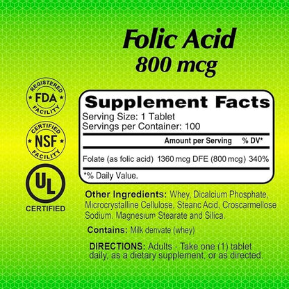 ALFA VITAMINS Folic Acid 800 mcg Prenatal Supplement, Supports Cardiovascular Health, Body & Brain Functions, Red Blood Cell Formation & Healthy Fetal Development, Dietary Supplement, 100 Tablets
