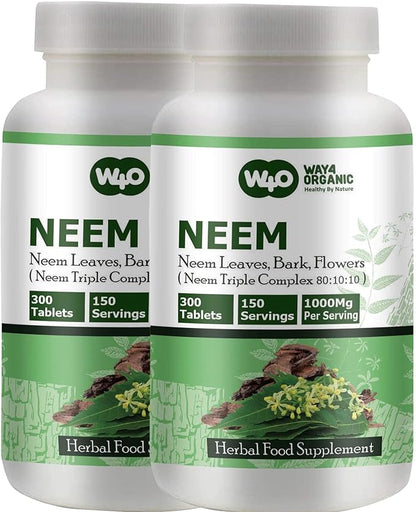 Neem Triple Complex - High-Potency Azadirachta Indica Tablets, Neem Leaves, Bark, Flowers in Ratio (80:10:10) - 300 Tablets, 150 Serving, 1000 Mg (Pack of 2)