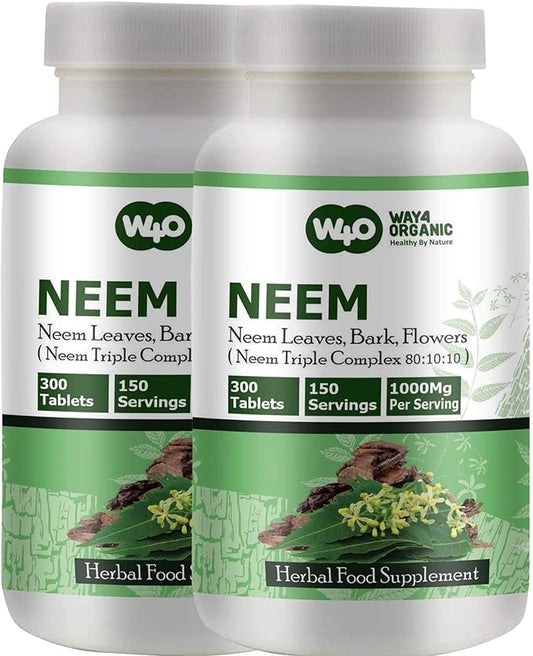 Neem Triple Complex - High-Potency Azadirachta Indica Tablets, Neem Leaves, Bark, Flowers in Ratio (80:10:10) - 300 Tablets, 150 Serving, 1000 Mg (Pack of 2)