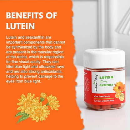 Nature's Key Lutein Gummies 12mg with Zeaxanthin & Vitamin A for Kids and Adults | Eye Health and Brain Function Supplement | Orange Flavor, 60Ct