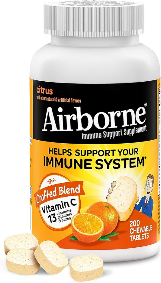 Airborne 1000mg Chewable Tablets with Zinc, Immune Support Supplement with Powerful Antioxidants Vitamins A C & E - 200 Tablets, Citrus Flavor