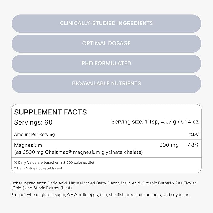 Magnesium Glycinate Powder 200mg | High Absorption Chelated Bisglycinate with Organic Butterfly Pea Flower | Supports Stress Relief, Calm & Sleep | 8.6 oz, 60 Servings