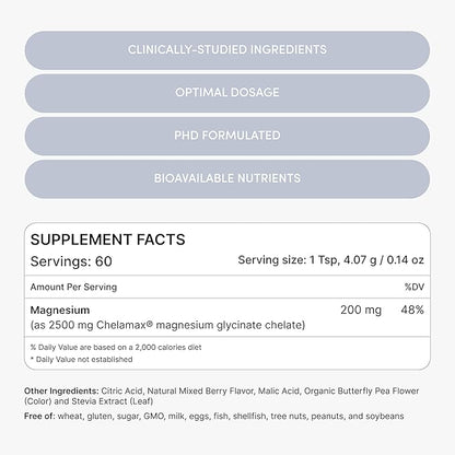 Magnesium Glycinate Powder 200mg | High Absorption Chelated Bisglycinate with Organic Butterfly Pea Flower | Supports Stress Relief, Calm & Sleep | 8.6 oz, 60 Servings