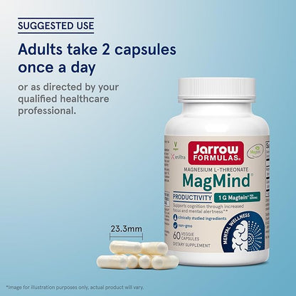 Jarrow Formulas Magnesium L-Threonate, MagMind Productivity, High Absorption Magnesium, Brain Supplements for Memory and Focus, 60 Veggie Capsules, Up to a 30 Day Supply