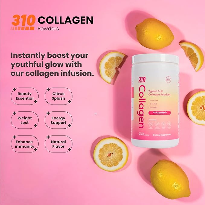 310 Nutrition - Collagen Peptides Protein Powder - Collagen Supplement - Multi Collagen Protein with Vitamins C, D, and E – Keto Friendly – Pink Lemonade 30 Servings