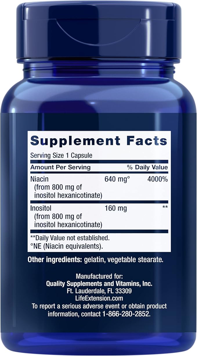 Life Extension No Flush Niacin, B3 for Heart Health, Cholesterol & Energy Support, Non-GMO, Gluten-Free, 100 Capsules