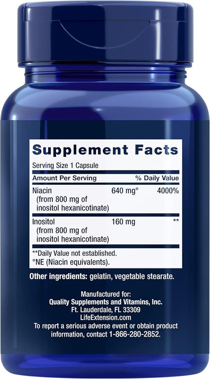 Life Extension No Flush Niacin, B3 for Heart Health, Cholesterol & Energy Support, Non-GMO, Gluten-Free, 100 Capsules