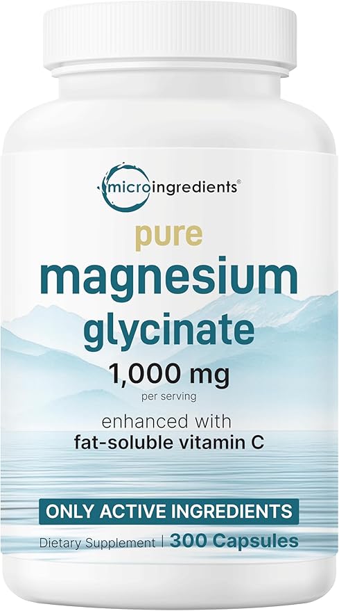 Pure Magnesium Glycinate 1,000mg Per Serving, 300 Capsules | Enhanced with Vitamin C | Only Uses Active Ingredients | Filler Free Supplement | 100% Chelated for Max Absorption