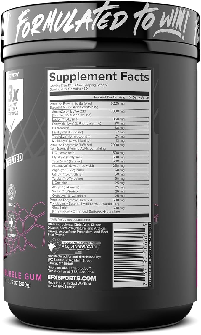 EFX Sports Aminozorb Elite 21 | PH-Correct, Full Spectrum Aminos + Glutamine | Essential & Non Essential Aminos | Zero Sugars | 30 Servings (Pink Bubblegum)