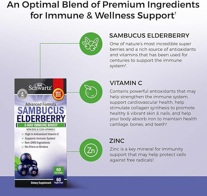 Elderberry with Zinc and Vitamin C for Adults - Immune Support Vitamins for Women and Men Natural Elderberries Black Sambucus Capsules - Immune Defense Multiminerals Supplement, Gluten-Free, 60 Ct