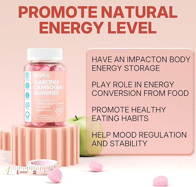 Sugar Free Garcinia Cambogia Gummies 1000mg 95% HCA Pure Extract with L-Carnitine, Raspberry Ketone, Chromium, Green Coffee Bean for Metabolism, 100% Organic Extract, Vegan, Strawberry Flavor 60 Cts