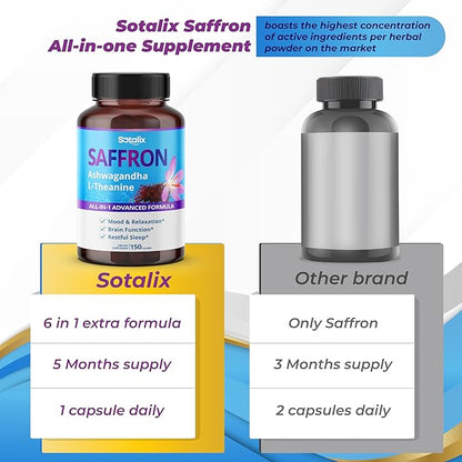 Saffron with Ashwagandha, Ginseng, L-Theanine, Relaxation, Restore - USA Made & Tested (150-day Supply (Pack of 1))