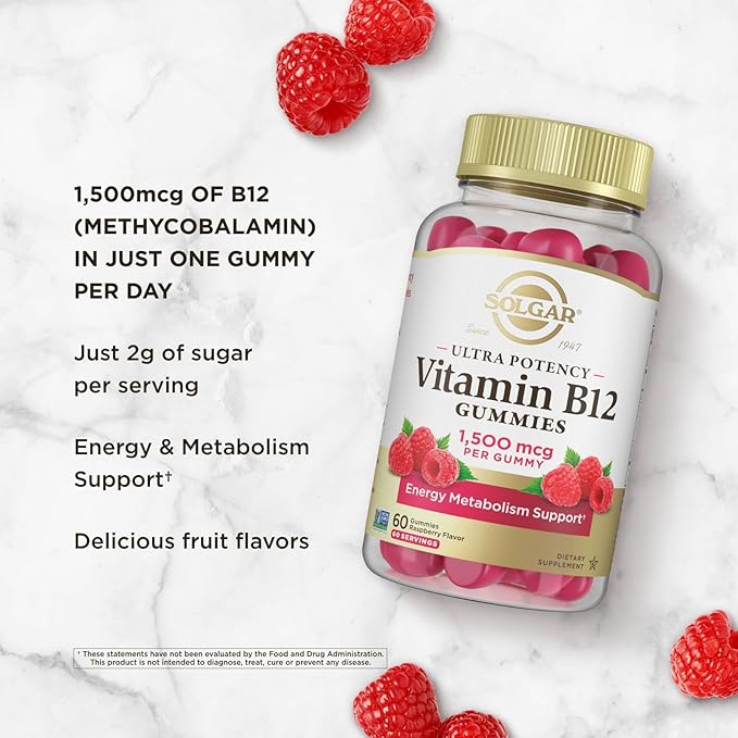 Solgar Methyl B12 Gummies for Adults 1,500mcg Ultra Potency Vitamin for Energy & Metabolism Support, Raspberry Flavor, Vegan & Gluten-Free Gummy for Women & Men, 2 Month Supply, 60 Servings, 2g Sugar