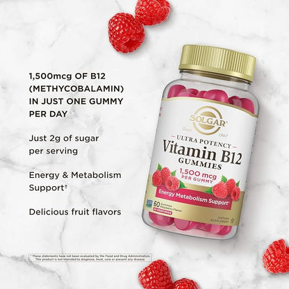 Solgar Methyl B12 Gummies for Adults 1,500mcg Ultra Potency Vitamin for Energy & Metabolism Support, Raspberry Flavor, Vegan & Gluten-Free Gummy for Women & Men, 2 Month Supply, 60 Servings, 2g Sugar