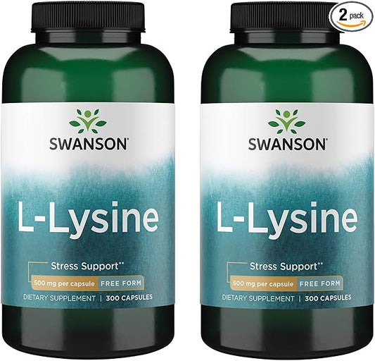 Swanson Free Form L-Lysine - Natural Supplement Promoting Stress Support & Nervous System Health - May Promote Calm Mood & Relaxation - (300 Capsules, 500mg Each) (2 Pack)
