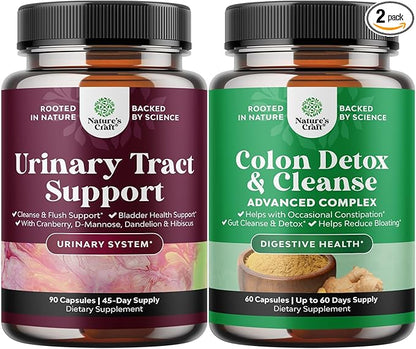 Natures Craft Bundle of D Mannose Capsules for Urinary Tract Health for Women Fast Acting Super Concentrated Cranberry 90ct and Colon Cleanser & Detox - Probiotic Supplement Body Cleanse