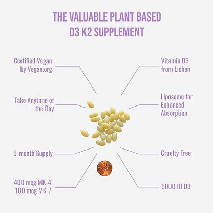 UpNourish Certified Vegan Vitamin D3 5000 IU K2 MK4 MK7 500 mcg Supplement, 150 Softgels, Plant Based Liposomal Vitamin D K with Organic Coconut Oil, Non GMO, Gluten and Gelatin Free