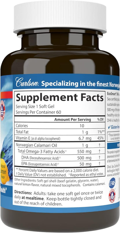 Carlson - EcoSmart DHA 500, Sustainable Source, Supports Healthy Vision & Brain Function, Lemon, 60 soft gels