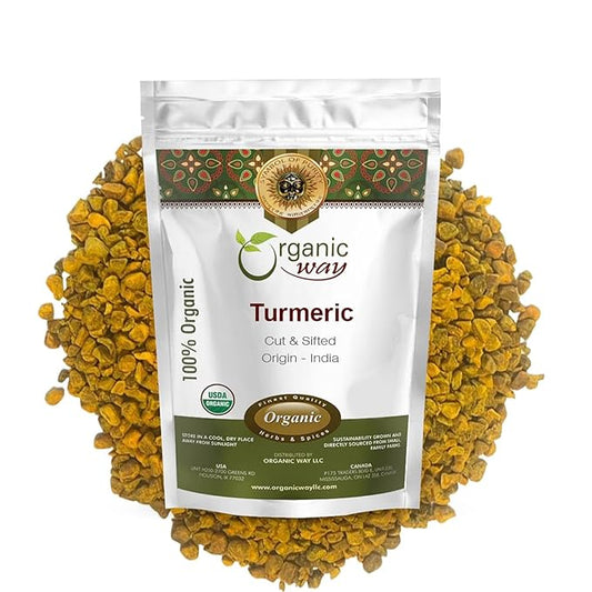 Organic Way Turmeric/Haldi Root Cut & Sifted (Curcuma longa) - Herbal Tea | Kosher & USDA Certified | Vegan, Non-GMO & Gluten Free | Tested for Heavy Metal and Purity | 100% Raw from India (1/2LBS / 8Oz.)