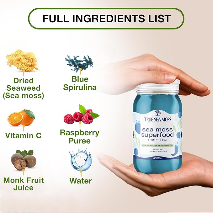 TrueSeaMoss Sea Moss Gel – Made in USA – Wildcrafted Seamoss, Fresh Fruits & Sea Vegetables – Blue Spirulina, Pack of 1 (Labels may Vary)