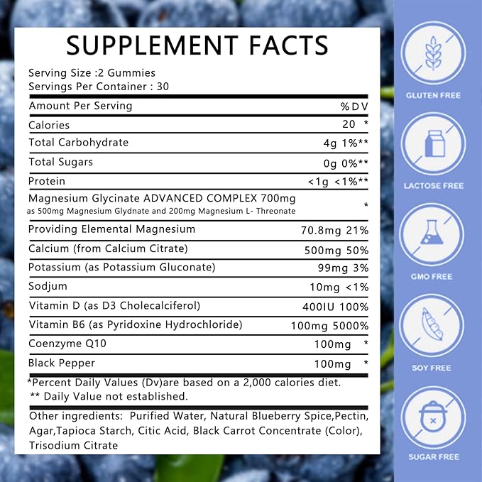 Nature‘s Rhythm Magnesium Gummies 500mg - 65 Ct | Magnesium Glycinate Supplements, with Magnesium L-Threonate,Vitamin D, B6, and CoQ10 - Blueberry Flavor