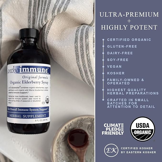 Organic Elderberry Syrup - Anthoimmune - Immune Support Supplement for Adults and Kids- USDA Organic, Ultra-Premium Black Elderberry Formula (4 oz) 24 Servings