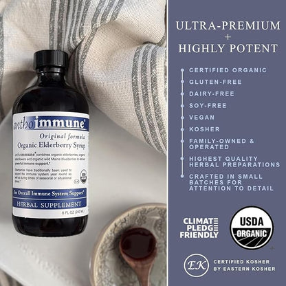 Organic Elderberry Syrup - Anthoimmune - Immune Support Supplement for Adults and Kids- USDA Organic, Ultra-Premium Black Elderberry Formula (4 oz) 24 Servings