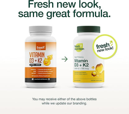 Fresh Nutrition Vegan Vitamin D3 + K2 Capsules - 5000 IU D3 + 100mcg K2 as MK-7 for Optimal Absorption - Immune Health, Bone Health, Mood - Non GMO - 90 Capsules, 3 Month Supply