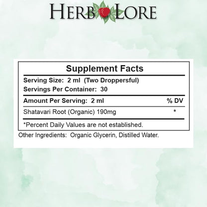 Herb Lore Organic Shatavari Root Extract Tincture - Liquid Shatavari Drops (Asparagus Racemosus) for Lactation and Wellness Support - Alcohol Free (2 fl oz)