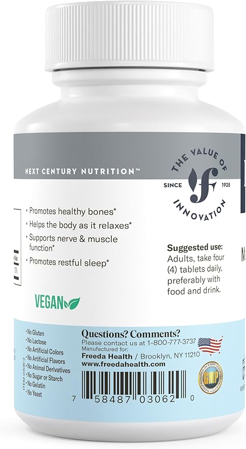 Freeda Magnesium Citrate 400mg Per Serving - High-Absorption Magnesium Citrate Tablets - Essential Mineral for Nerve & Bone Health - Vegan, Kosher, Gluten-Free Magnesium Supplement (250 Ct)