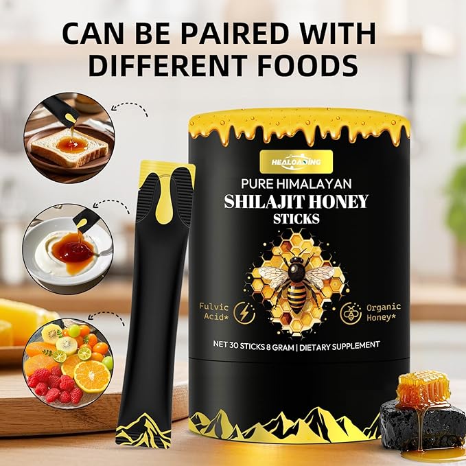 Himalayan Shilajit Honey Sticks for Men: Shilajit for Women with Organic Honey and Saffron 30 Sticks for Energy Boost & Immune Support, 85+ Trace Minerals, 75%+ Fulvic Acid