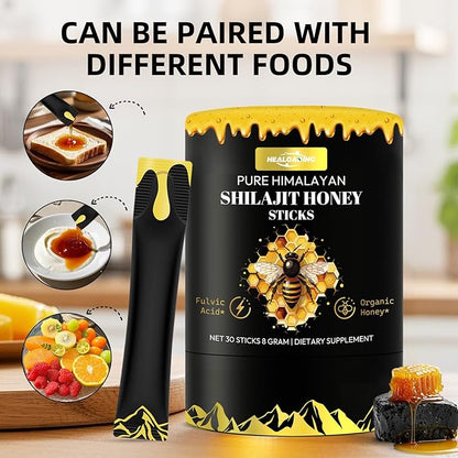 Himalayan Shilajit Honey Sticks for Men: Shilajit for Women with Organic Honey and Saffron 30 Sticks for Energy Boost & Immune Support, 85+ Trace Minerals, 75%+ Fulvic Acid