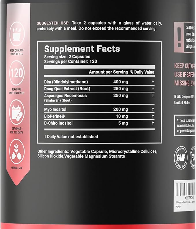 Women's Balance Supplement with Natural Ingredients: Dim, Dong Quai, BioPerine®, Myo & D-Chiro Inositol | 240 Caps - 120 Days | 400mg of Dim per Serving | Hormone Balance | Made in The USA by B Life.